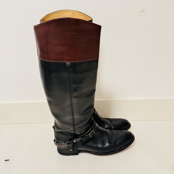 Frye Boots Womens 8 Black Brown Harness Tall Two Tone Leather Riding Moto - Picture 1 of 12